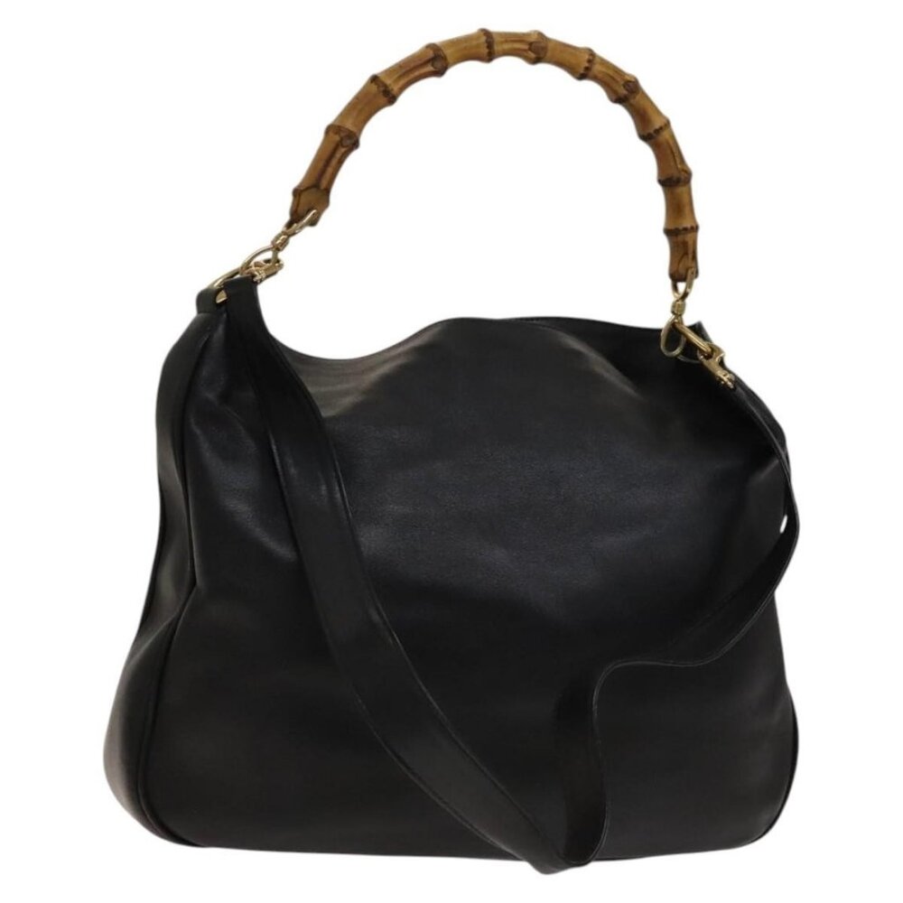 Authentic GUCCI Bamboo Shoulder Bag Leather 2way Black Gold 001 1781 1577
